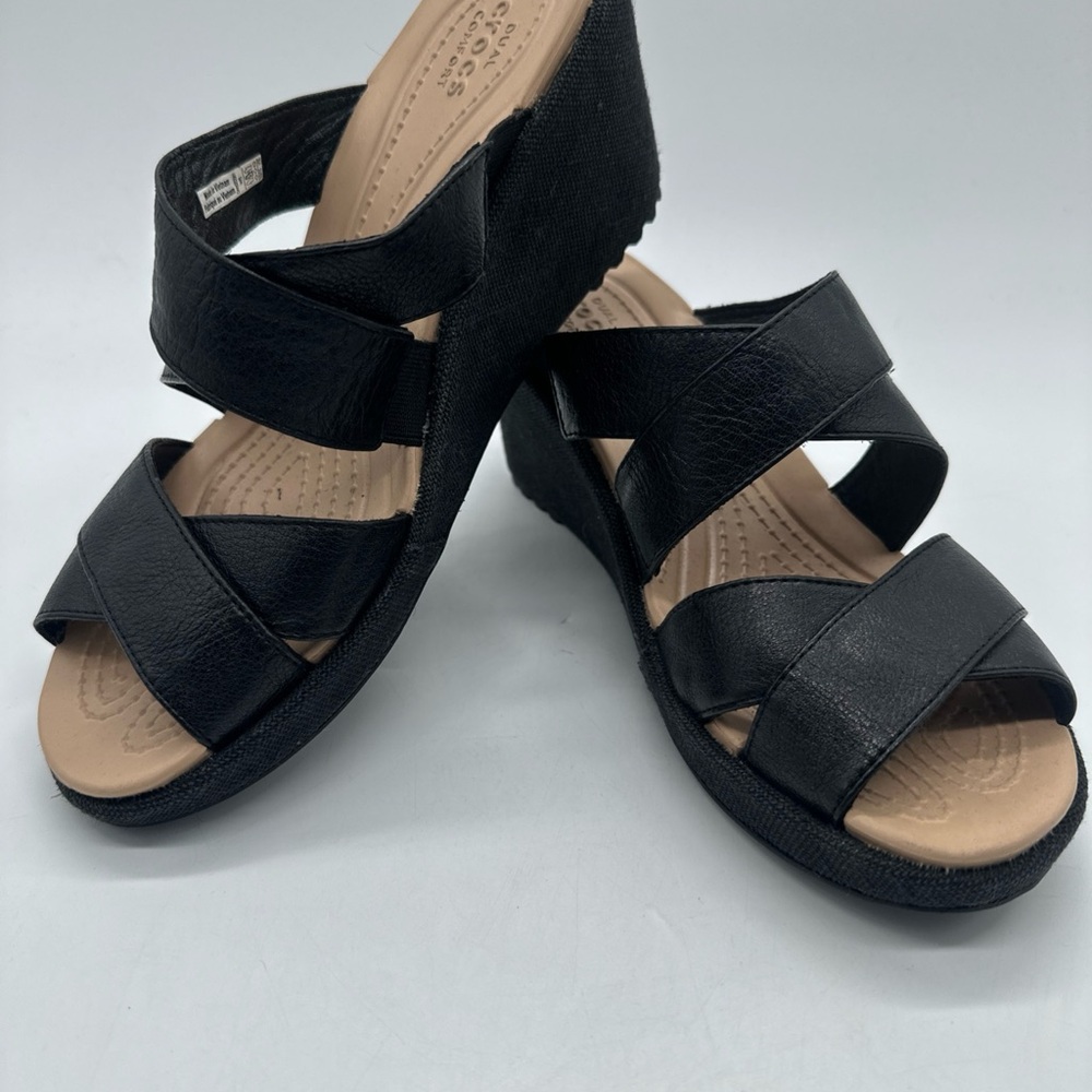 Women's Crocs Dual Comfort Black Wedges Leather Straps